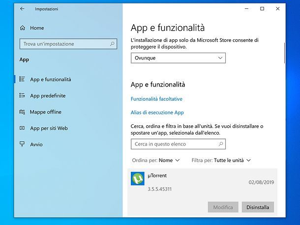 Disinstallare un programma da Windows 10