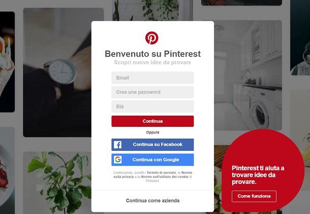 Form di registrazione a Pinterest