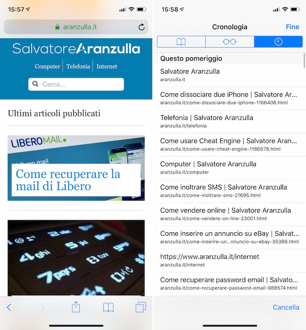 Cronologia Safari su iPhone