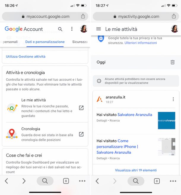 Cronologia Google su iPhone