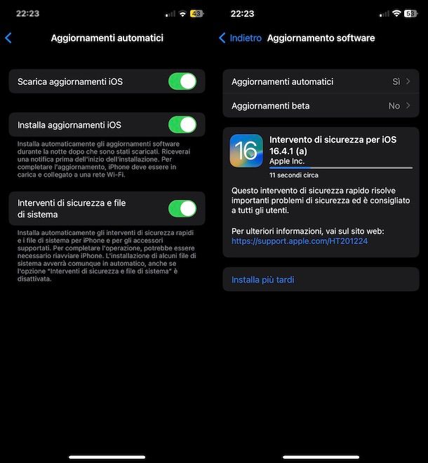 Installare aggiornamenti di sicurezza iOS