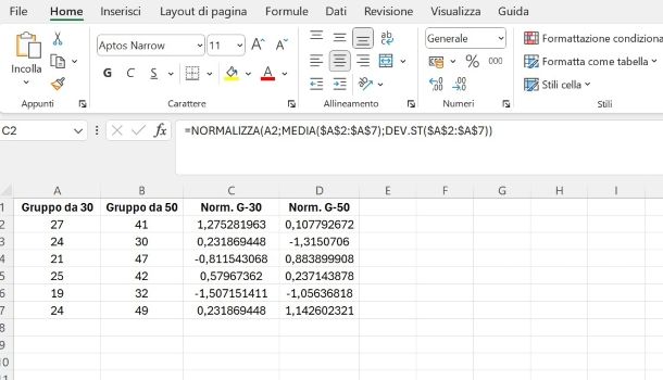Funzione per normalizzare i dati su Excel