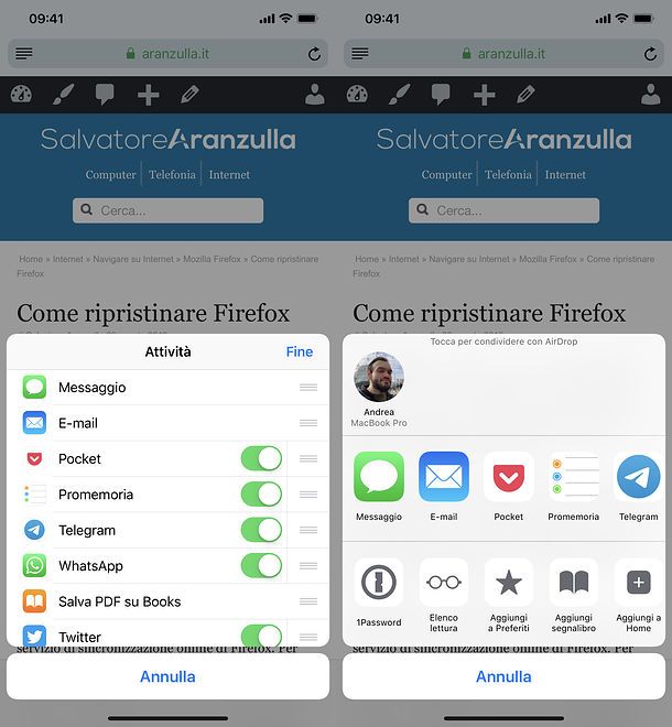 Menu di condivisione di Safari su iOS