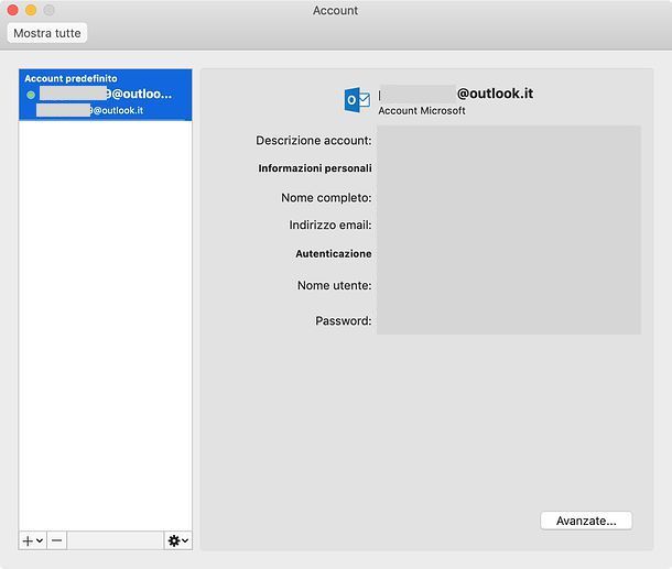 Gestione account Outlook per Mac