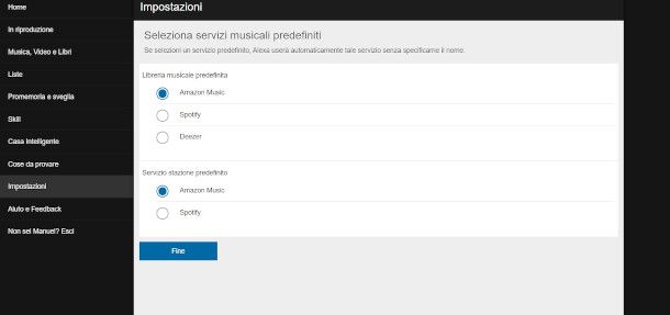 impostazione servizio straming musicale predefinito Alexa interfaccia web