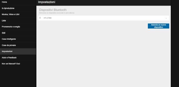 connessione dispositivo Bluetooth da interfaccia Web Alexa