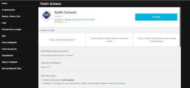 caricamento skill radio interfaccia Web Amazon Alexa