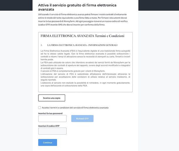 Accettazione termini Moneyfarm