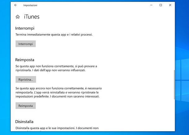 Ripristino iTunes su Windows 10