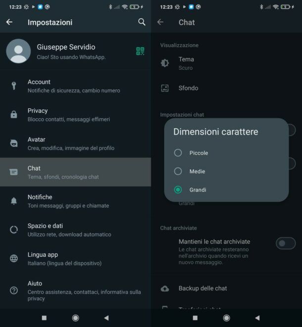 Come ingrandire caratteri su WhatsApp Android