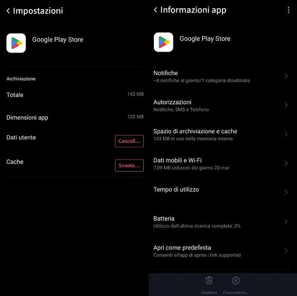 Eliminazione cache e dati Play Store