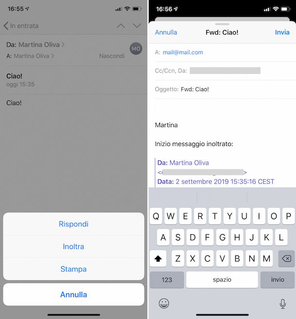 Inoltrare un'email con email su iPhone