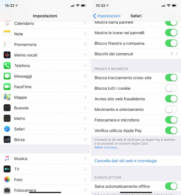 Gestione preferenze cookie Safari su iPhone