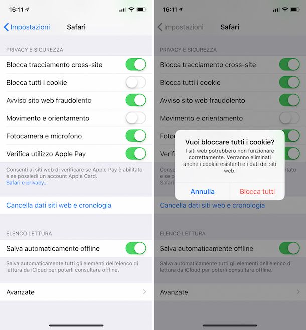 Disattivazione dei cookie su Safari per iPhone