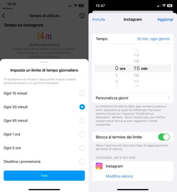 Attivare limiti di utilizzo di Instagram su iOS