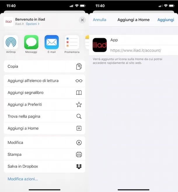 Creare scorciatoia ai consumi Iliad mobile iPhone