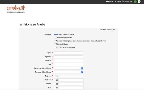 Modulo registrazione Aruba