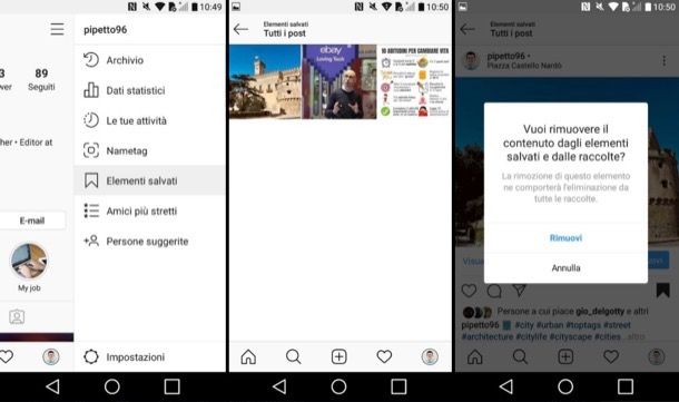 Elementi salvati su Instagram Android
