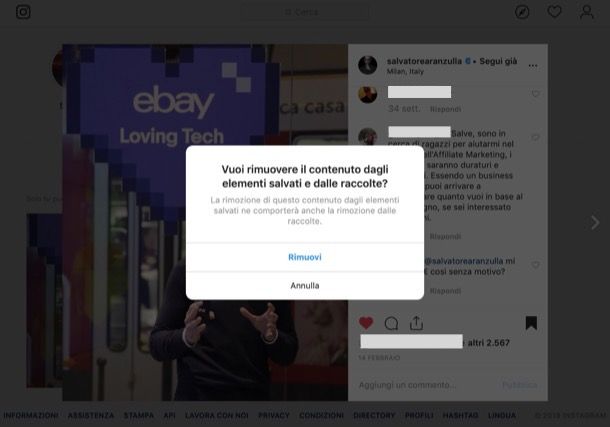 Eliminare elementi salvati su Instagram da computer