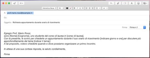 Esempio di messaggio da inviare a un professore per richiesta ricevimento