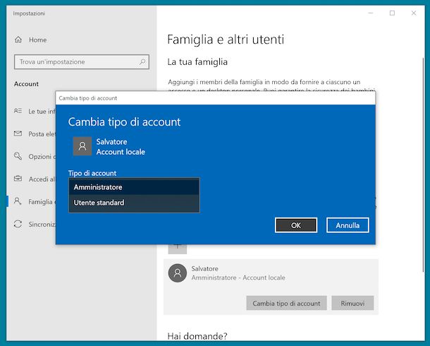 Cambiare tipo account locale Windows 10