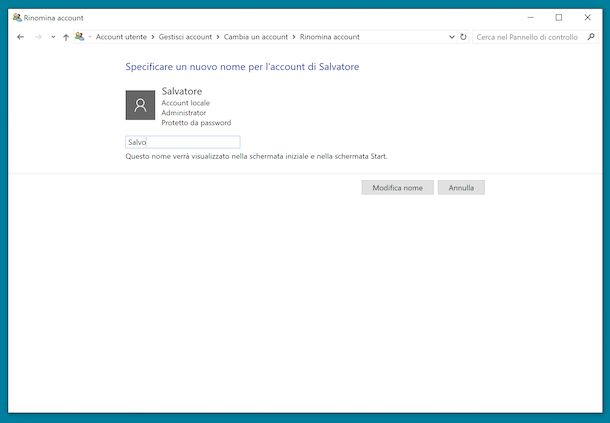 Cambiare nome account Windows 10