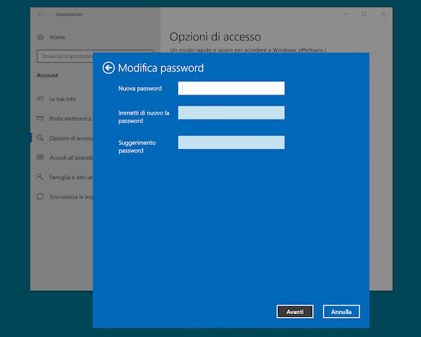 Cambiare password account Windows 10