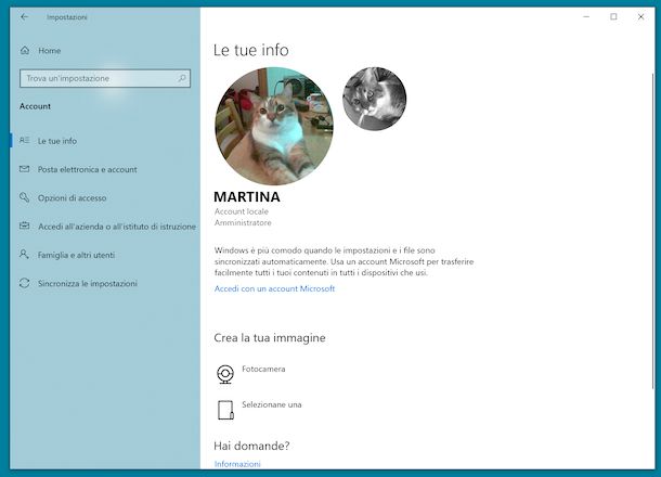 Cambiare immagine account Windows 10