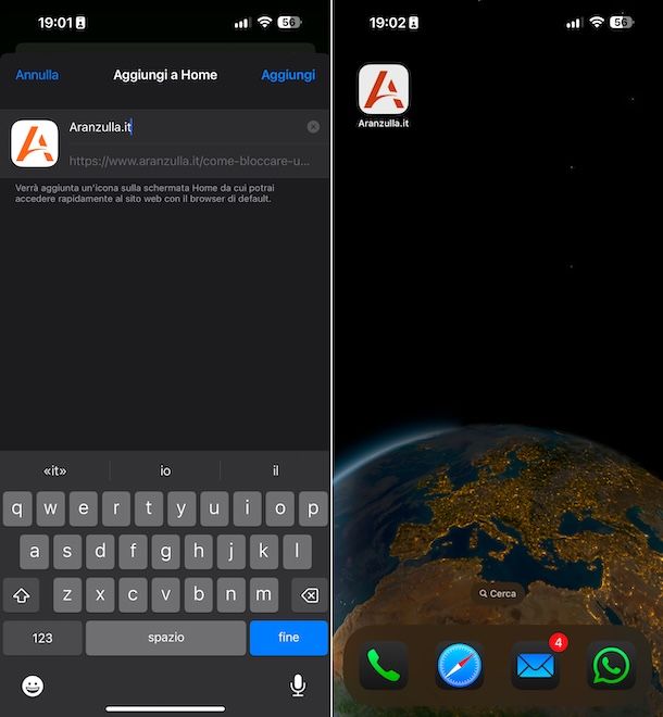 Safari collegamento in Home Screen