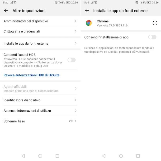 Attivare installazione da fonti sconosciute su Android