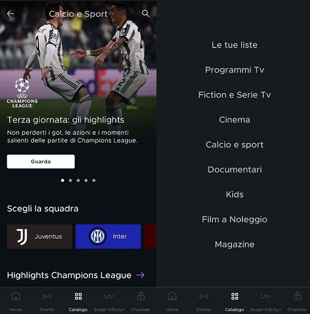 App per vedere calcio gratis Mediaset Infinity