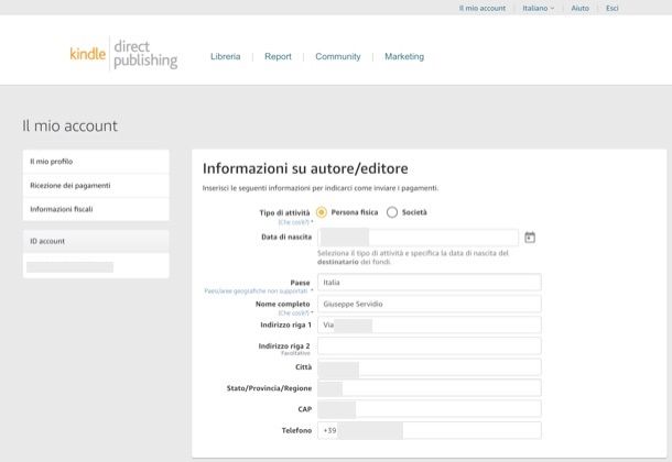 Completare profilo KDP Amazon
