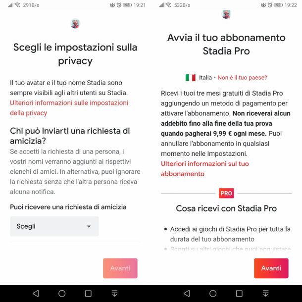 Configurazione account Stadia