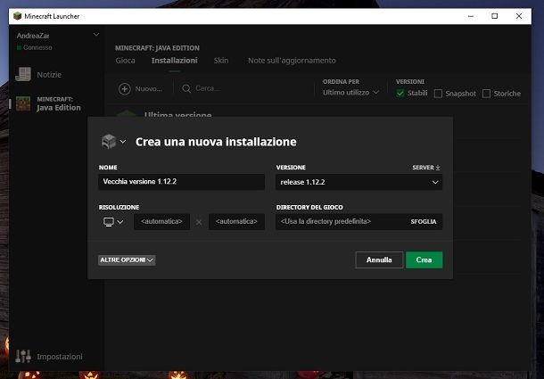 Crea una nuova installazione Minecraft