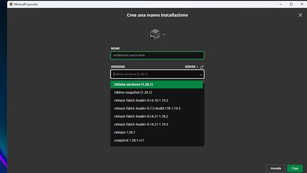 Minecraft Launcher nuova installazione cambiare versione