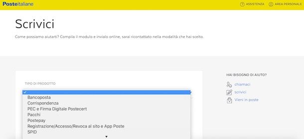 Modulo online per contattare Poste Italiane
