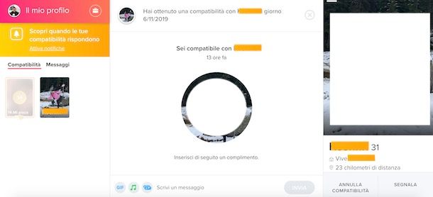 Cominciare una conversazione su Tinder da computer