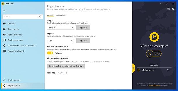 Impostazioni CyberGhost VPN