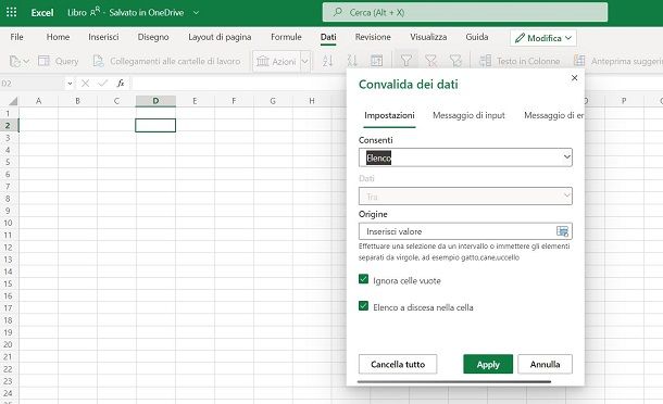 Menu a tendina Excel Online