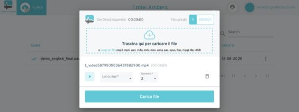 Caricamento del file su Amberscript