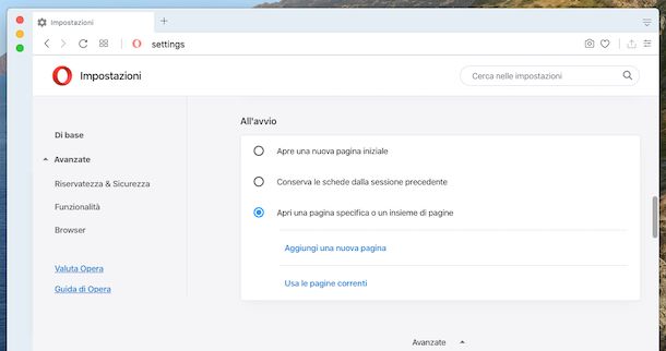 Impostare Google come pagina iniziale su Opera su Mac