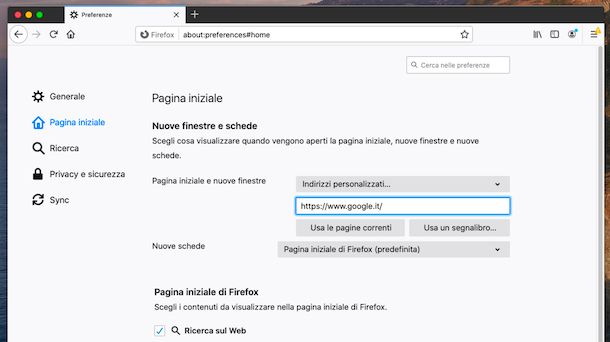 Impostare Google come pagina iniziale su Firefox su Mac