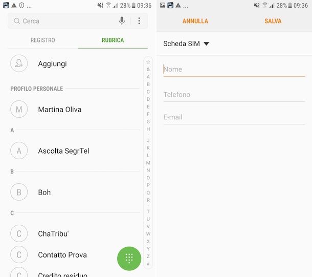 Salvataggio nuovo contatto su SIM da smartphone Samsung