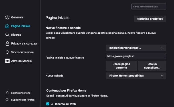 Come impostare Google come pagina iniziale su Firefox Mac