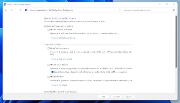 Accessibilità tastiera Windows