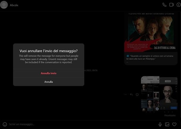 Annullare messaggio IG PC
