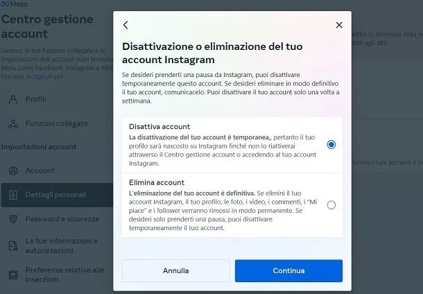 Disattivazione profilo Instagram