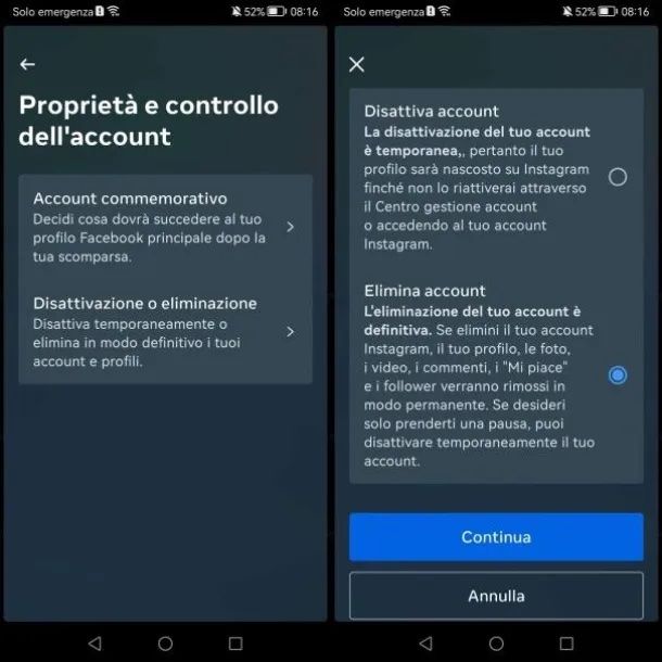 Eliminazione Instagram app 