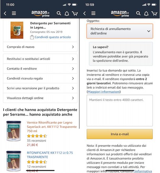 Contattare venditore Amazon da smartphone e tablet