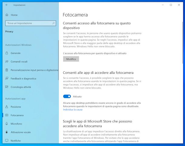 Impostazioni webcam Windows 10